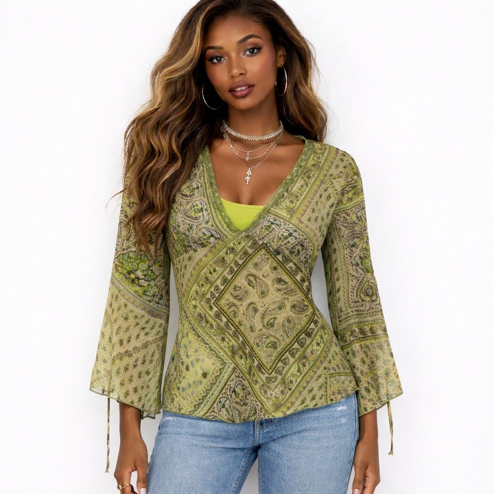 Vtg‎ Babydoll Top Womens 4 Y2K Green Paisley Patchwork Forest Fairy Peasant Boho